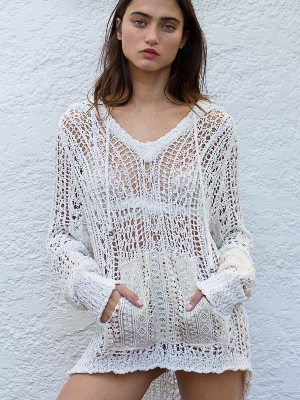 POL NWOT Sample Sale White Crochet Hoodie Sweater Cover Up Boho S